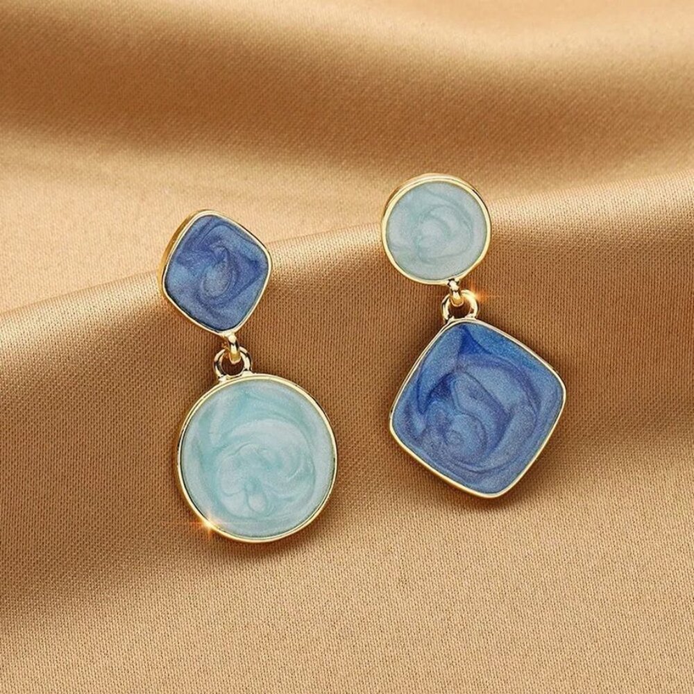 Alina Ellison Enamel Sheen Geo Dangle Earrings Blue Hues Gold Gift Packaged